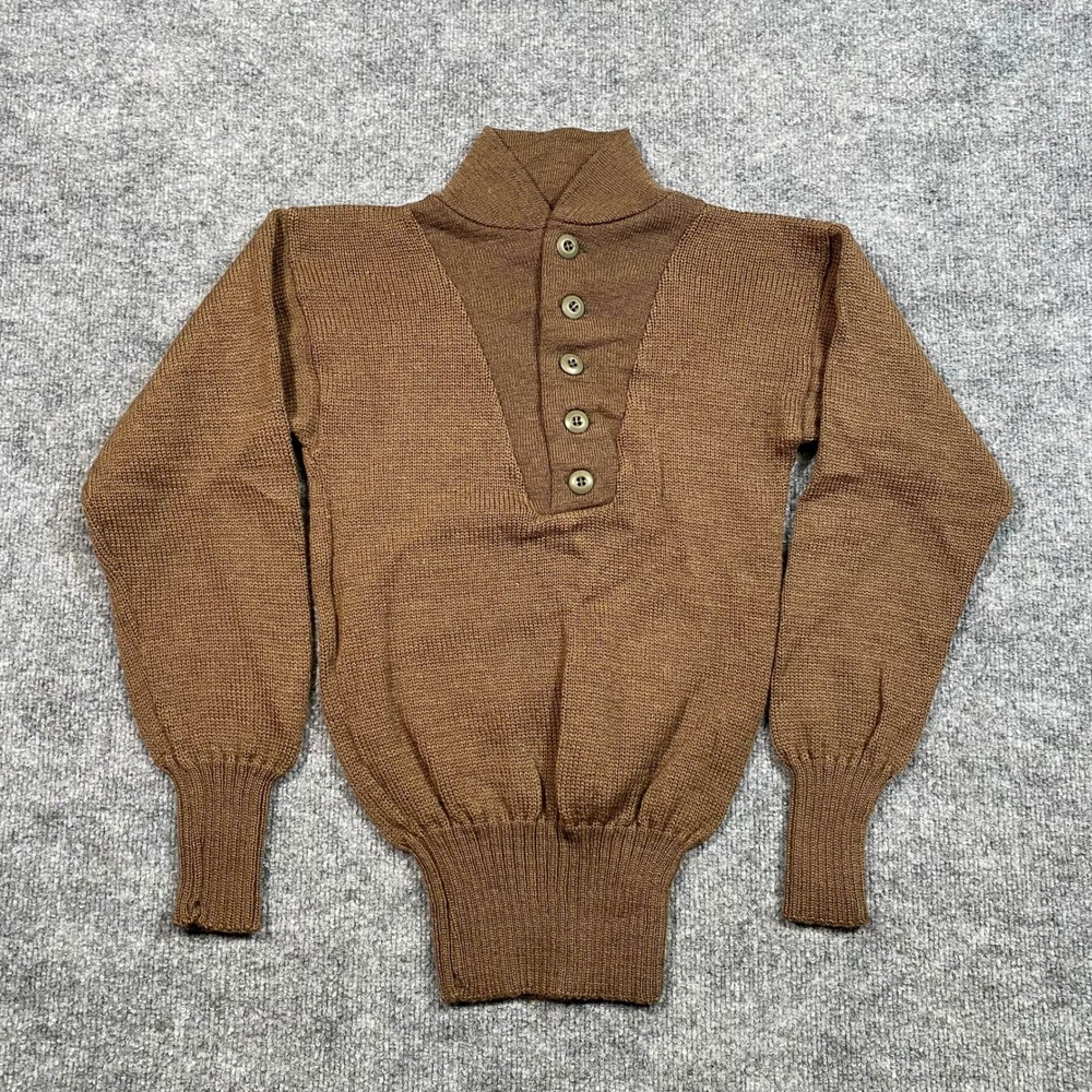 US Military Mens Brown 100% Wool 5-Button High Neck Sweater Small 1990 Vintage‎